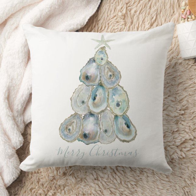 Watercolor Oyster Christmas Tree Throw Pillow (Blanket)