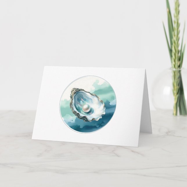 Watercolor Oyster Shell and Pearl Blank Greeting Card (Front)