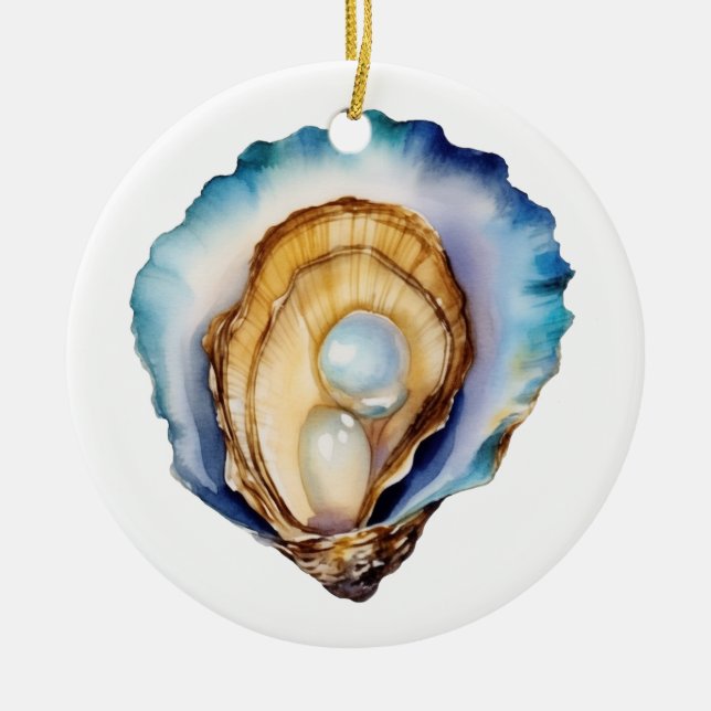 Watercolor Oyster Shell Ceramic Ornament (Front)