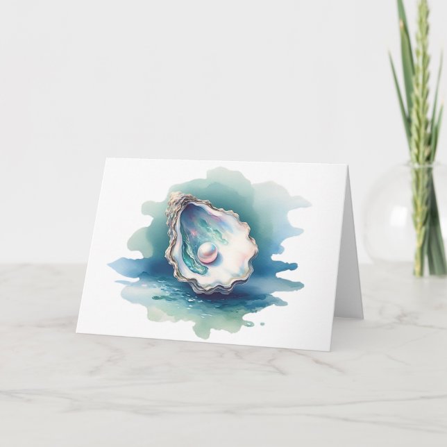 Watercolor Oyster Shell with Pearl Blank Greeting  Card (Front)