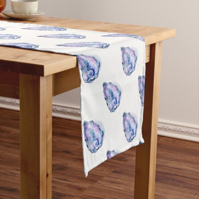 Watercolor oyster shell with pearl short table runner (In Situ)