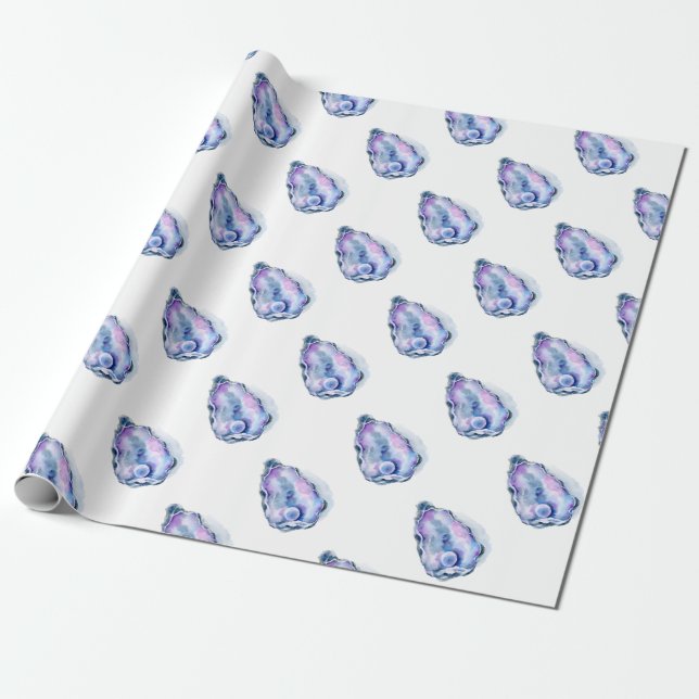 Watercolor oyster shell with pearl wrapping paper (Unrolled)