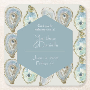 Watercolor Oysters Wedding- Dusty Blue Square Paper Coaster