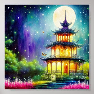 Watercolor pagoda poster