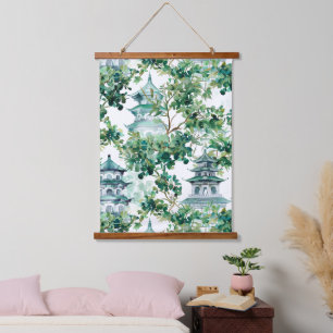 Watercolor Pagodas Olive Forest Asian Landscape Hanging Tapestry