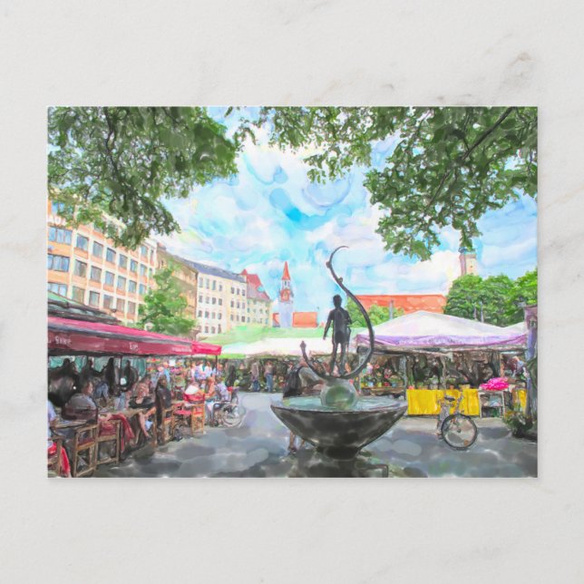 Watercolor paint of Munich Viktualienmarkt. Postcard (Front)