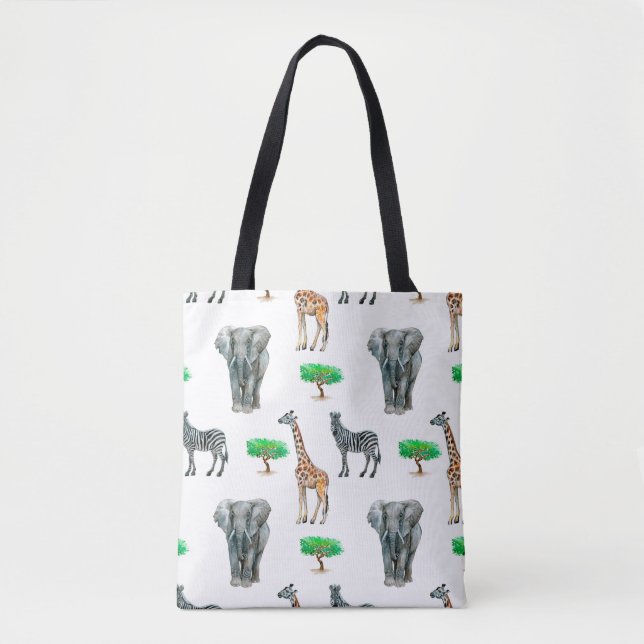 Watercolor painted animals seapless pattern tote bag (Front)