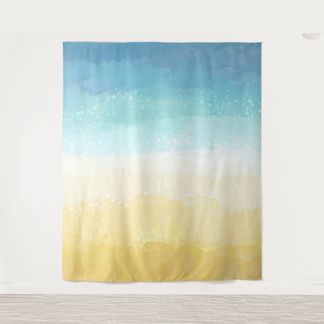 Watercolor Painted Beach and Ocean Scene Tapestry (Front)