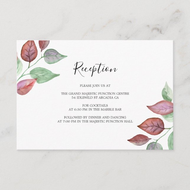 Watercolor Painted Burgundy Leaf Wedding Reception Enclosure Card (Front)