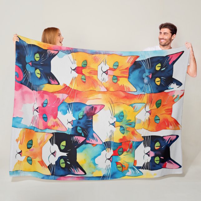 Watercolor Painted Colourful Cat Collage Fleece Blanket (In Situ)