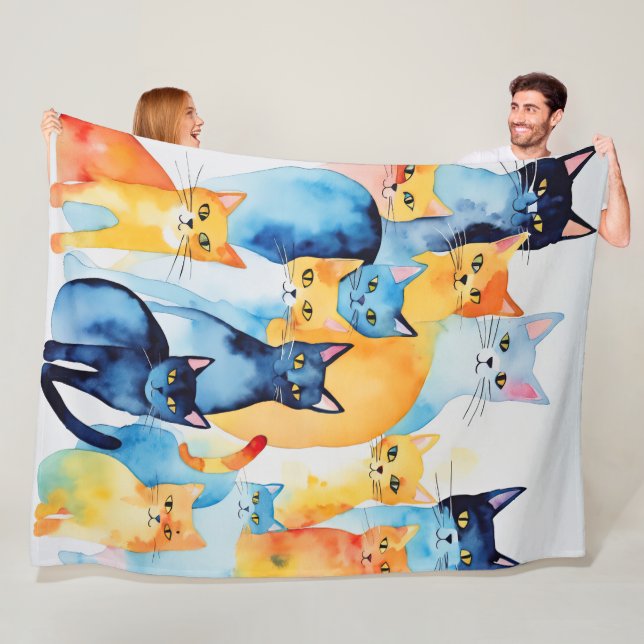 Watercolor Painted Colourful Cat Collage Fleece Blanket (In Situ)