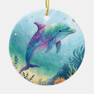 Watercolor painted dolphin ceramic ornament
