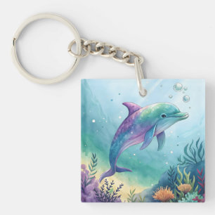 Watercolor painted dolphin keychain