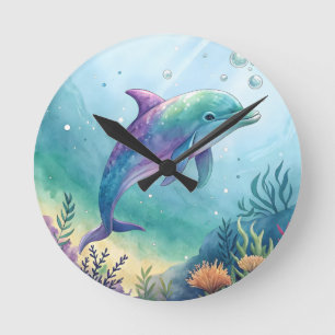 Watercolor painted dolphin round clock