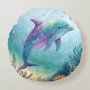 Watercolor painted dolphin round pillow