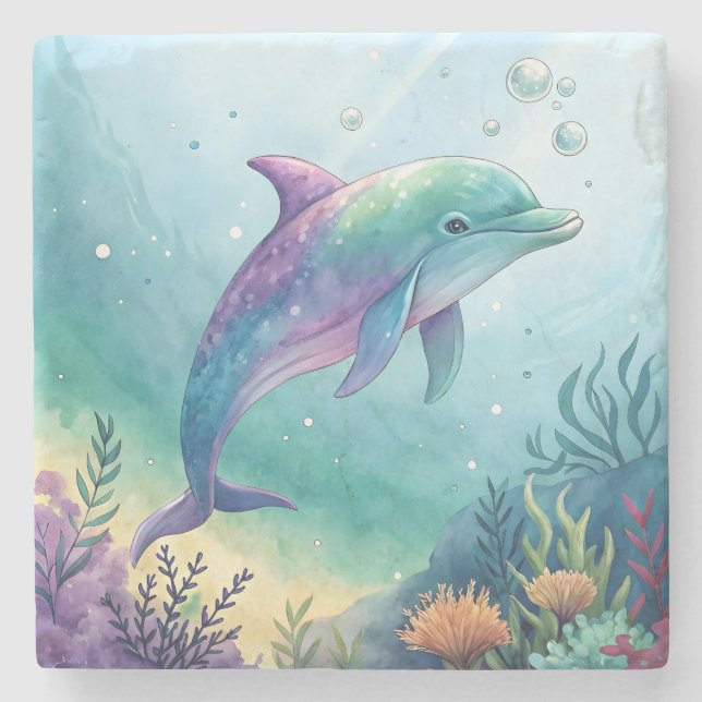 Watercolor painted dolphin stone coaster (Front)