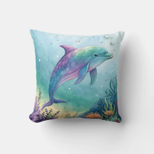 Watercolor painted dolphin throw pillow