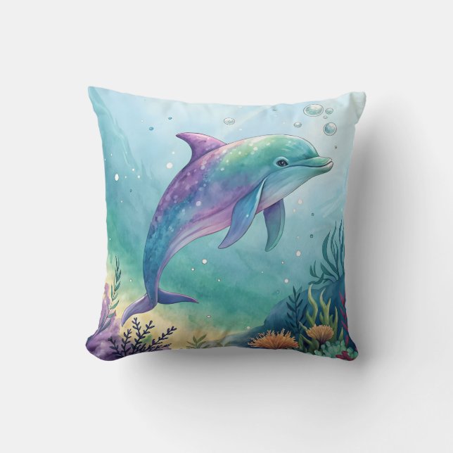 Watercolor painted dolphin throw pillow (Front)
