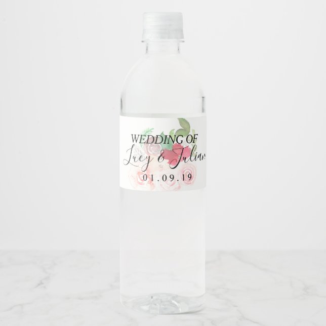 Watercolor Painted Florals Romantic Wedding   Water Bottle Label (Front)