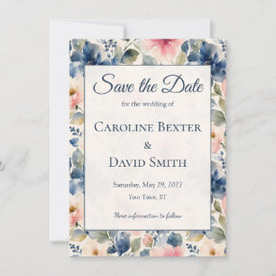 Watercolor Painted Flowers Pink Blue Green Wedding Save The Date