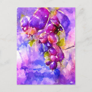 watercolor. Painted grapes in blue and purple. Postcard
