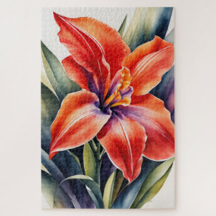 Watercolor Painted Orange Lily Flower Jigsaw Puzzle