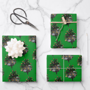 Watercolor Painted Pine Cones On Emerald Green Wrapping Paper Sheet