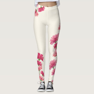 Watercolor Painted Pink Zinnia Flowers Leggings