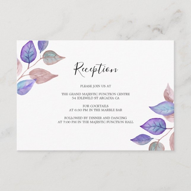 Watercolor Painted Purple Leaves Wedding Reception Enclosure Card (Front)