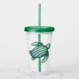 watercolor painted sea turtle cartoon blue green  acrylic tumbler