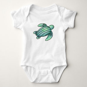 watercolor painted sea turtle cartoon blue green  baby bodysuit