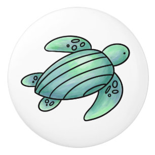 watercolor painted sea turtle cartoon blue green ceramic knob