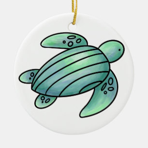 watercolor painted sea turtle cartoon blue green  ceramic ornament