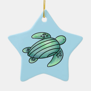 watercolor painted sea turtle cartoon blue green ceramic ornament