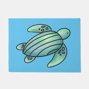 watercolor painted sea turtle cartoon blue green  doormat