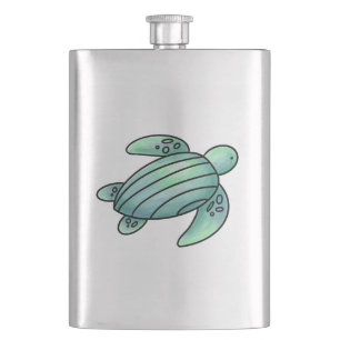 watercolor painted sea turtle cartoon blue green hip flask