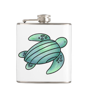 watercolor painted sea turtle cartoon blue green  hip flask