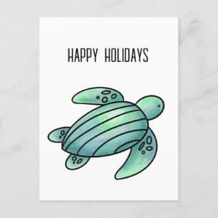 watercolor painted sea turtle cartoon blue green  holiday postcard