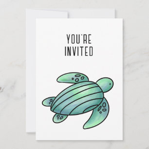 watercolor painted sea turtle cartoon blue green invitation