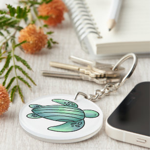 watercolor painted sea turtle cartoon blue green keychain