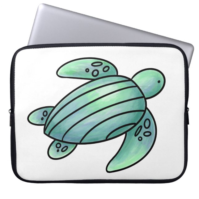 watercolor painted sea turtle cartoon blue green  laptop sleeve (Front)
