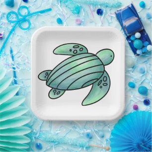 watercolor painted sea turtle cartoon blue green paper plate