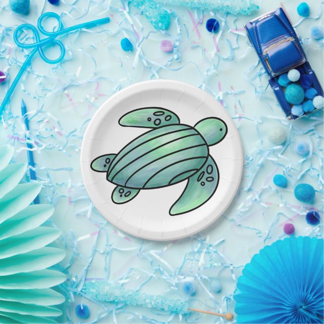 watercolor painted sea turtle cartoon blue green  paper plate (Party)