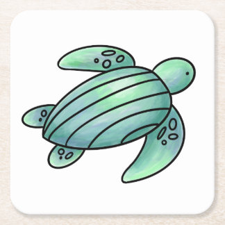 watercolor painted sea turtle cartoon blue green  square paper coaster