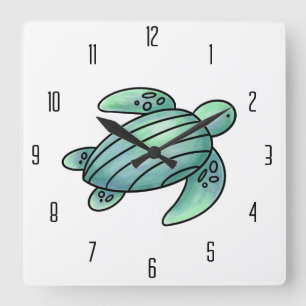 watercolor painted sea turtle cartoon blue green  square wall clock