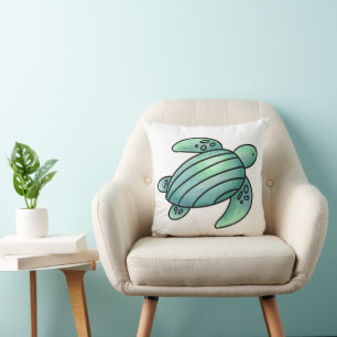 watercolor painted sea turtle cartoon blue green  throw pillow
