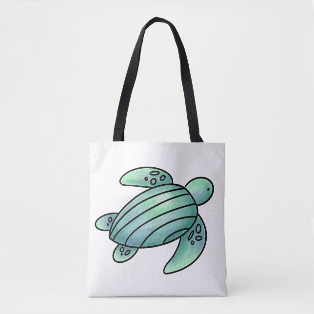 watercolor painted sea turtle cartoon blue green  tote bag (Front)