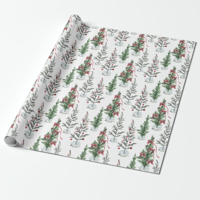 Watercolor-Painted Sparse Holiday Christmas Trees Wrapping Paper (Unrolled)