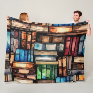 Watercolor Painted Stack of Reading Books Fleece Blanket