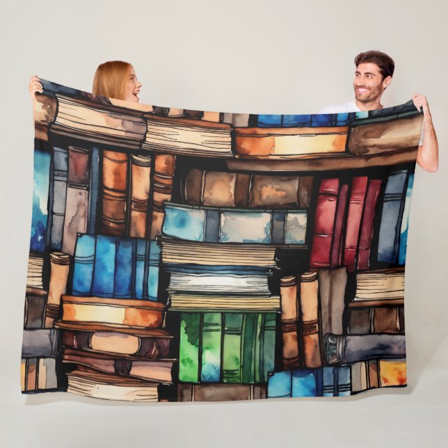 Watercolor Painted Stack of Reading Books Fleece Blanket (In Situ)